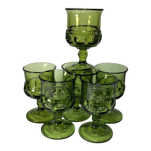 Kings Crown Avocado Green Thumb Print  Indiana Glass Cordial Glasses Six - Picture 6 of 9